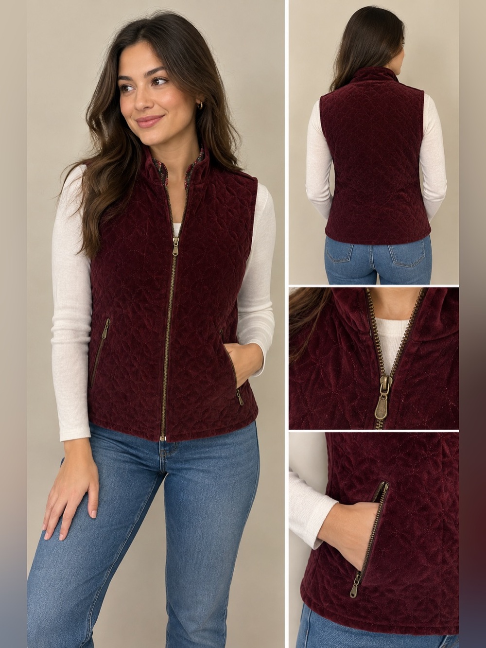 Eddie Bauer Women’s Quilted Corduroy Vest Burgundy Floral Lining Size L